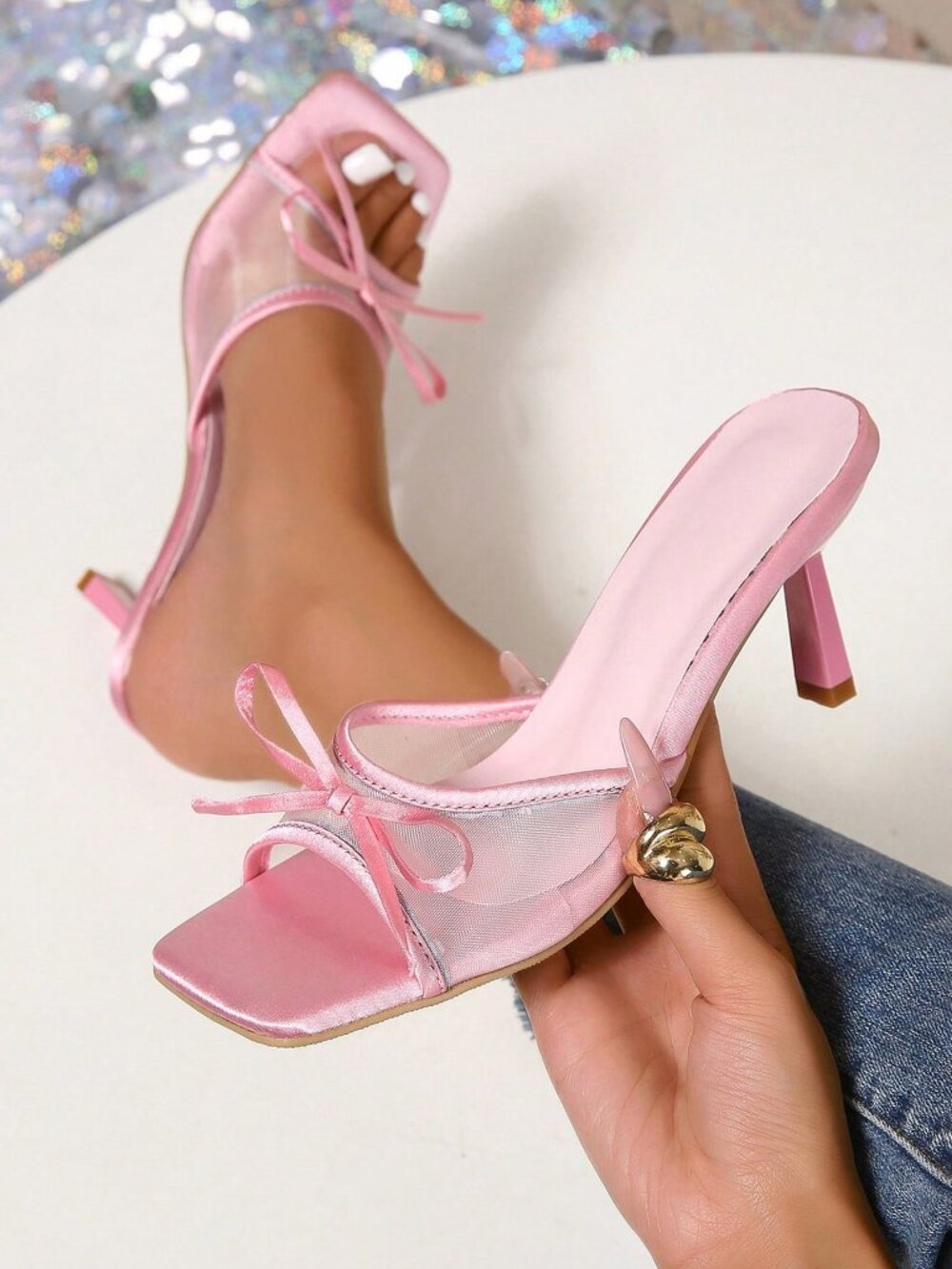 Pink Mesh Breathable Open Toe Stiletto Women's High Heel Sandals - Picture 2 of 8